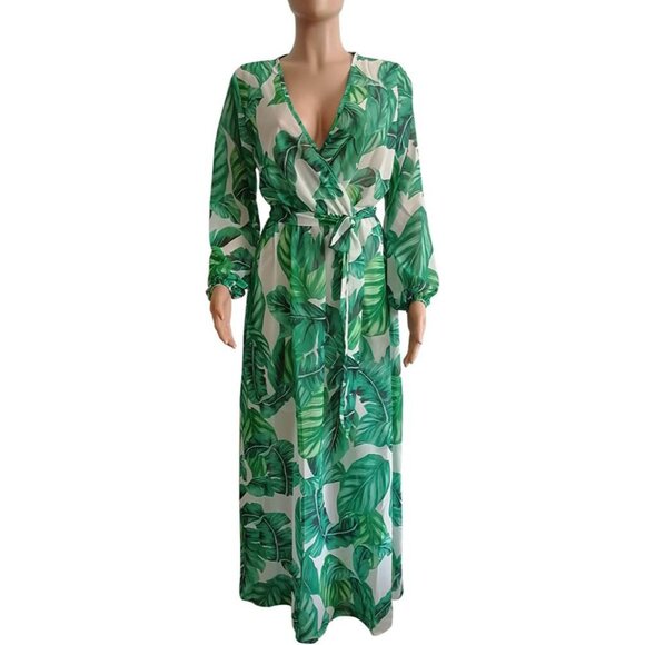 Women’s Chiffon Maxi Dress Deep V-Neck Floral Boho Summer Relaxed Fit - Picture 2 of 5